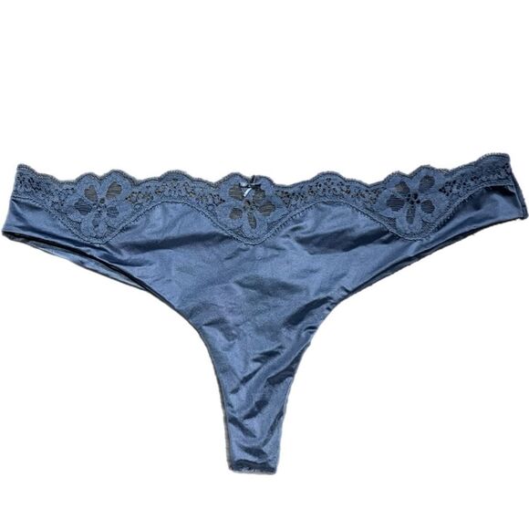 Victorias Secret Dream Angels Lace Waist Satiny Second Skin Thong Panty blue M - Picture 1 of 2
